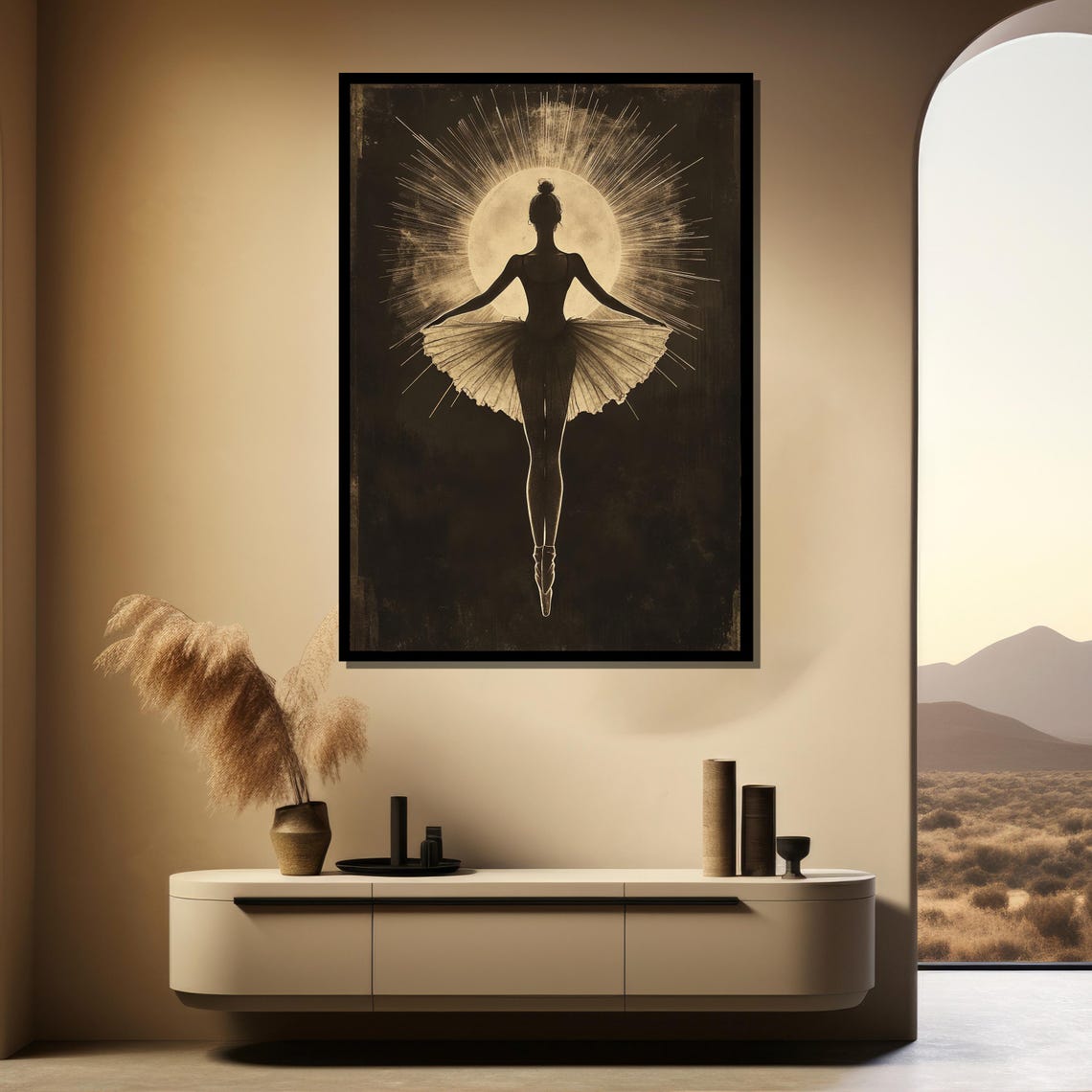 Moonlit Ballerina Silhouette Before a Radiant Golden Sunburst Poster - Image 4