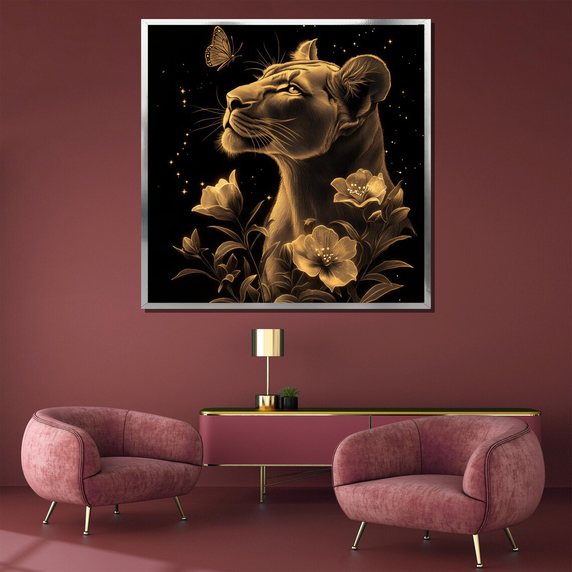 Golden Lioness Among Golden Flowers Regal Luxury Wildlife Poster - Image 3