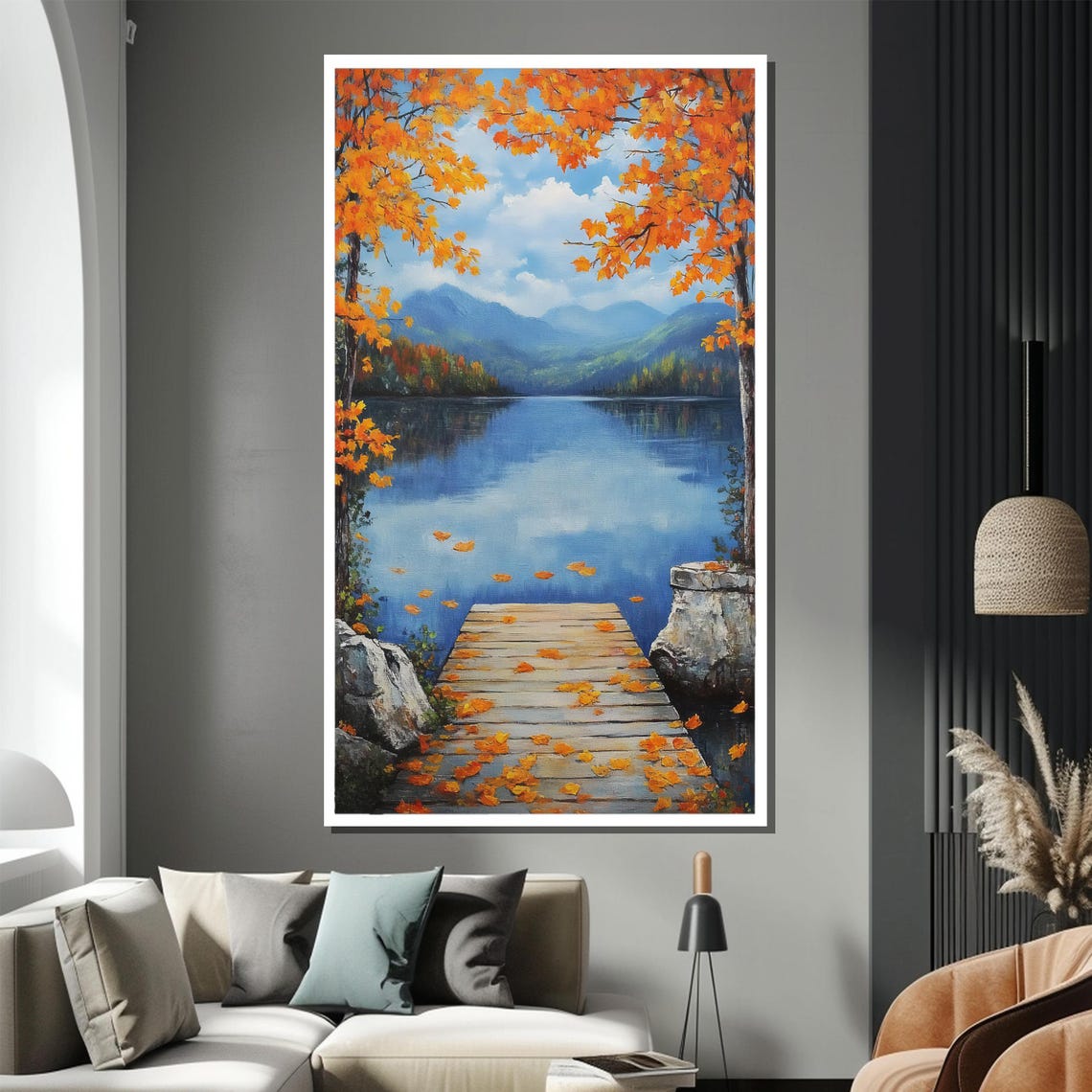 Autumn Lake With Wooden Dock Falling Maple Leaves Nature Poster - Image 2