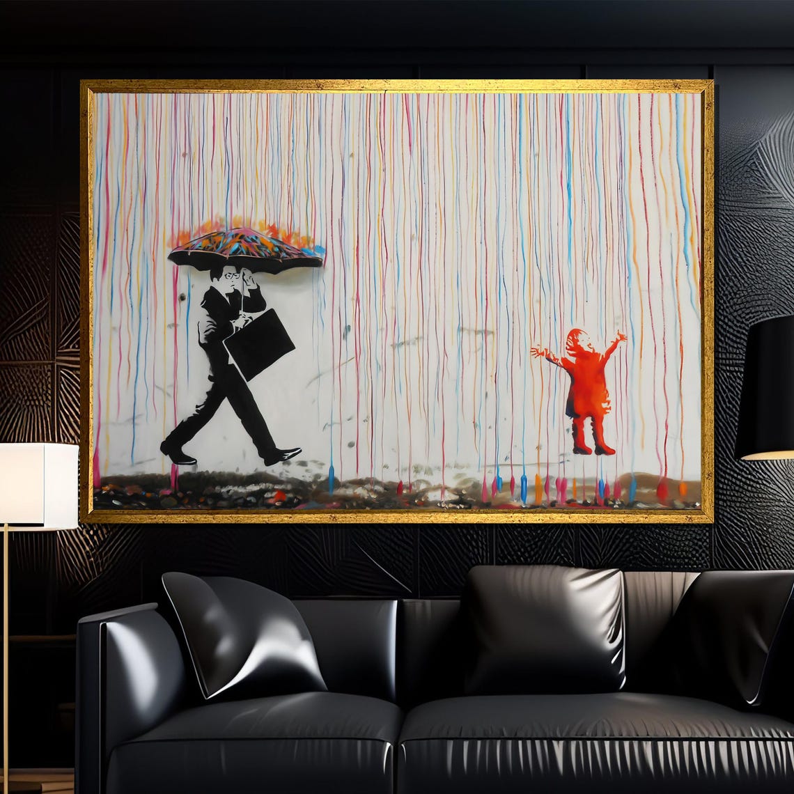 Businessman Shielding Himself In Colorful Rain Graffiti Poster
