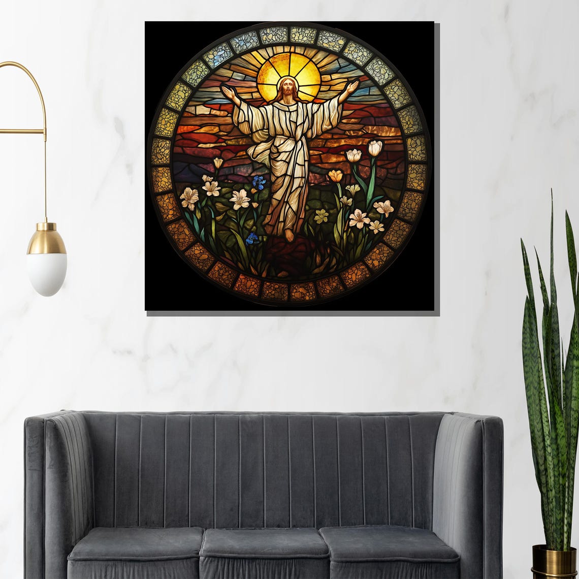 Jesus Resurrection Stained Glass Circle Garden Flowers Art Poster - Image 3