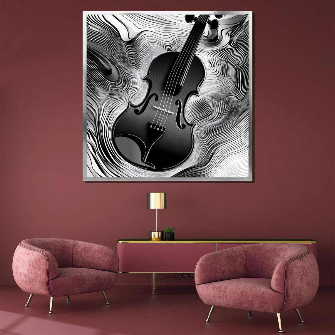 Abstract Black and White Violin Painting in Swirling Lines Poster - Image 3