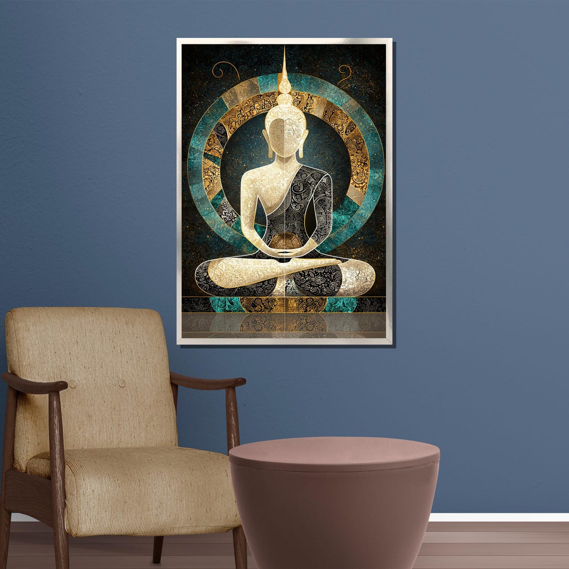 Gold and Teal Intricate Mandala Buddha Meditation Wall Poster - Image 3