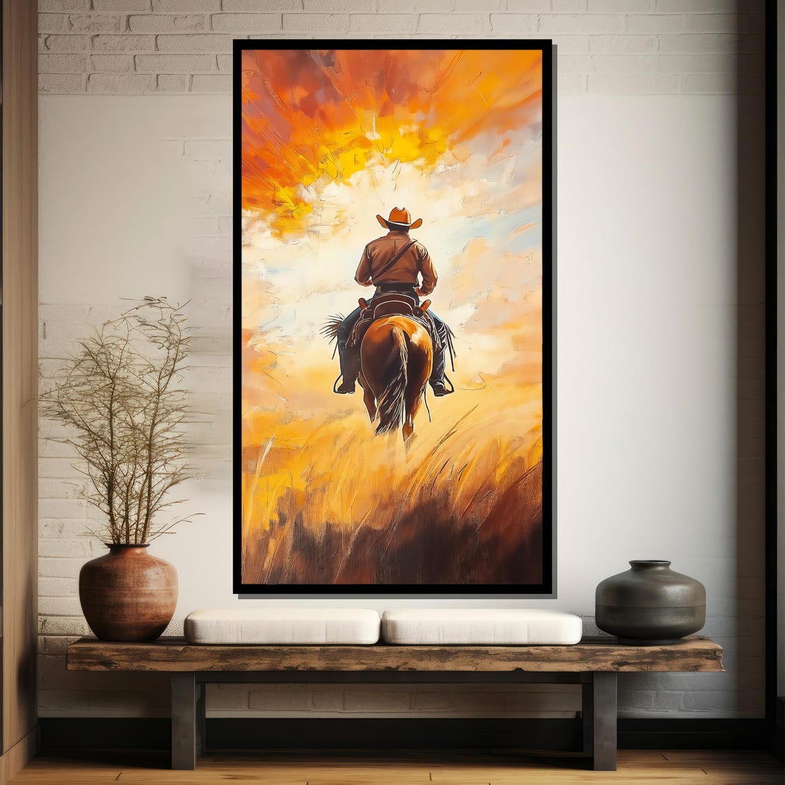 Cowboy Riding Into Sunset Horseback Golden Prairie Western Wall Poster - Image 5