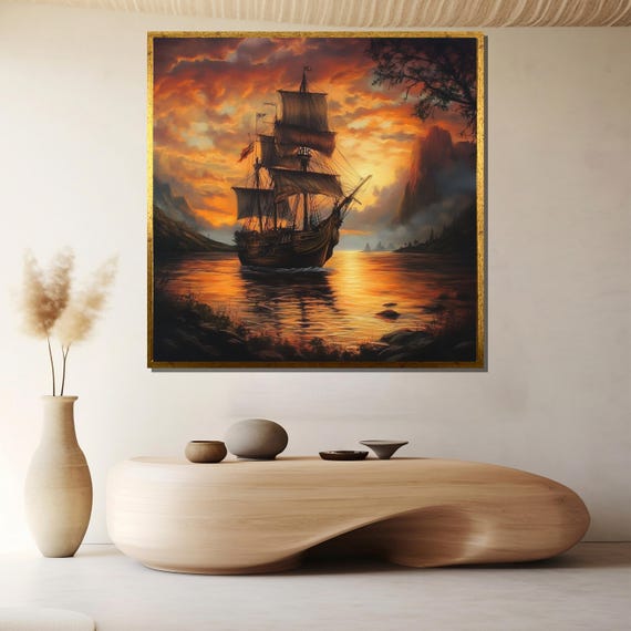 Sunset Ship Wall Art Framed Nautical Print Vintage Sailing Ship Artwork Large Ocean Dcor Gift For Home Or Office