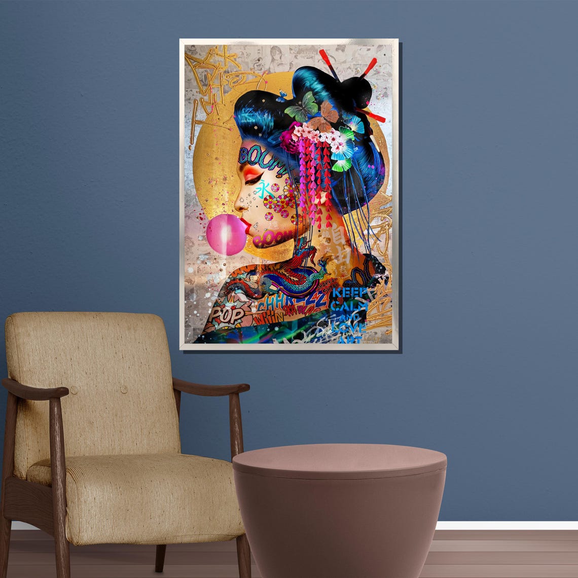 Geisha Pop Art Portrait with Pink Bubble Graffiti Art Poster - Image 4