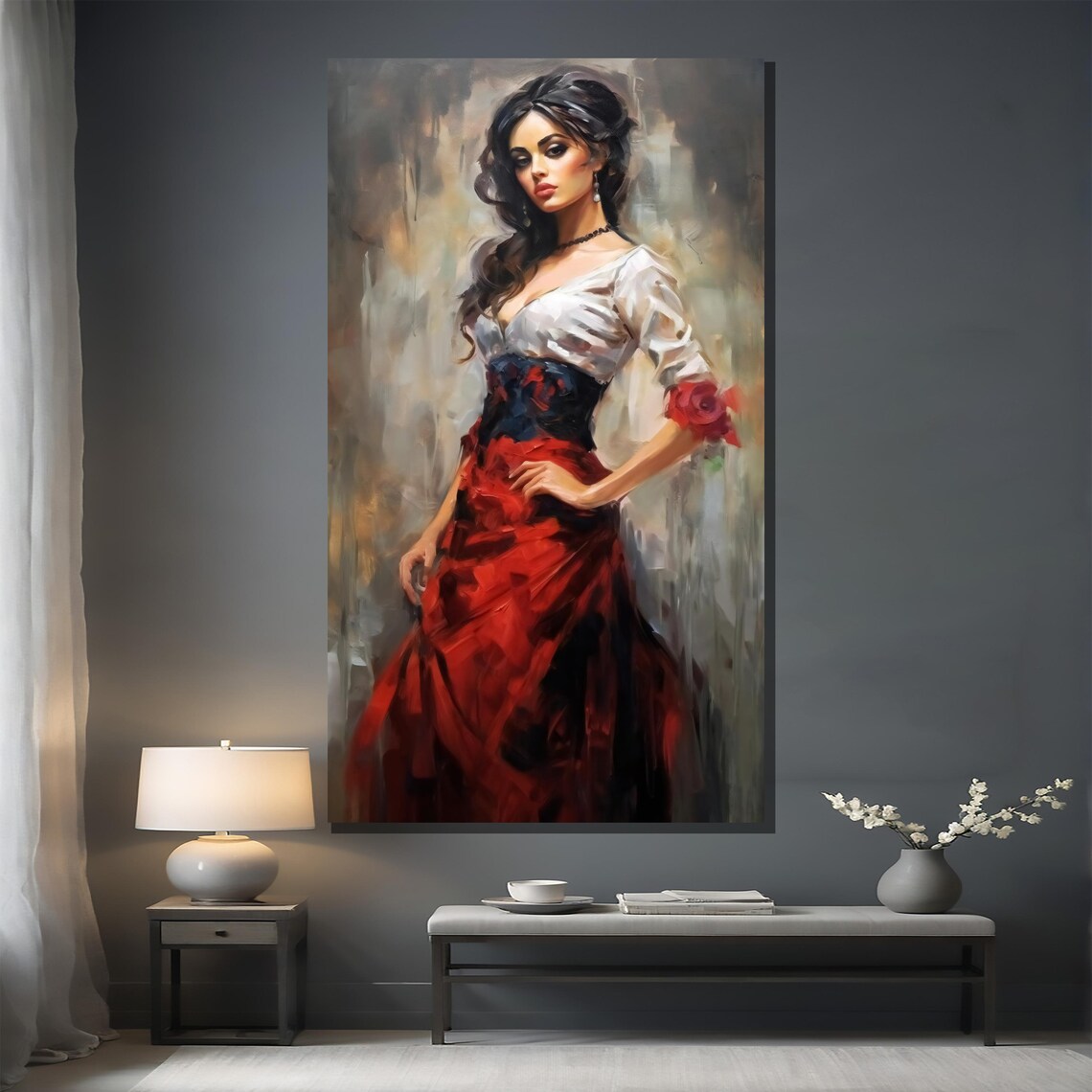 Elegant Spanish Flamenco Dancer Painting In A Red Dress Poster - Image 2