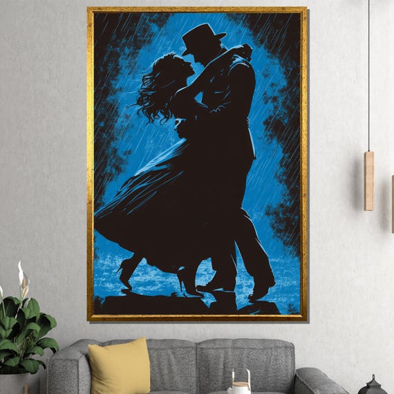 Silhouette Couple Dancing In Rain Painting Romantic Blue Wall Art And Unique Gift For Dance Lovers