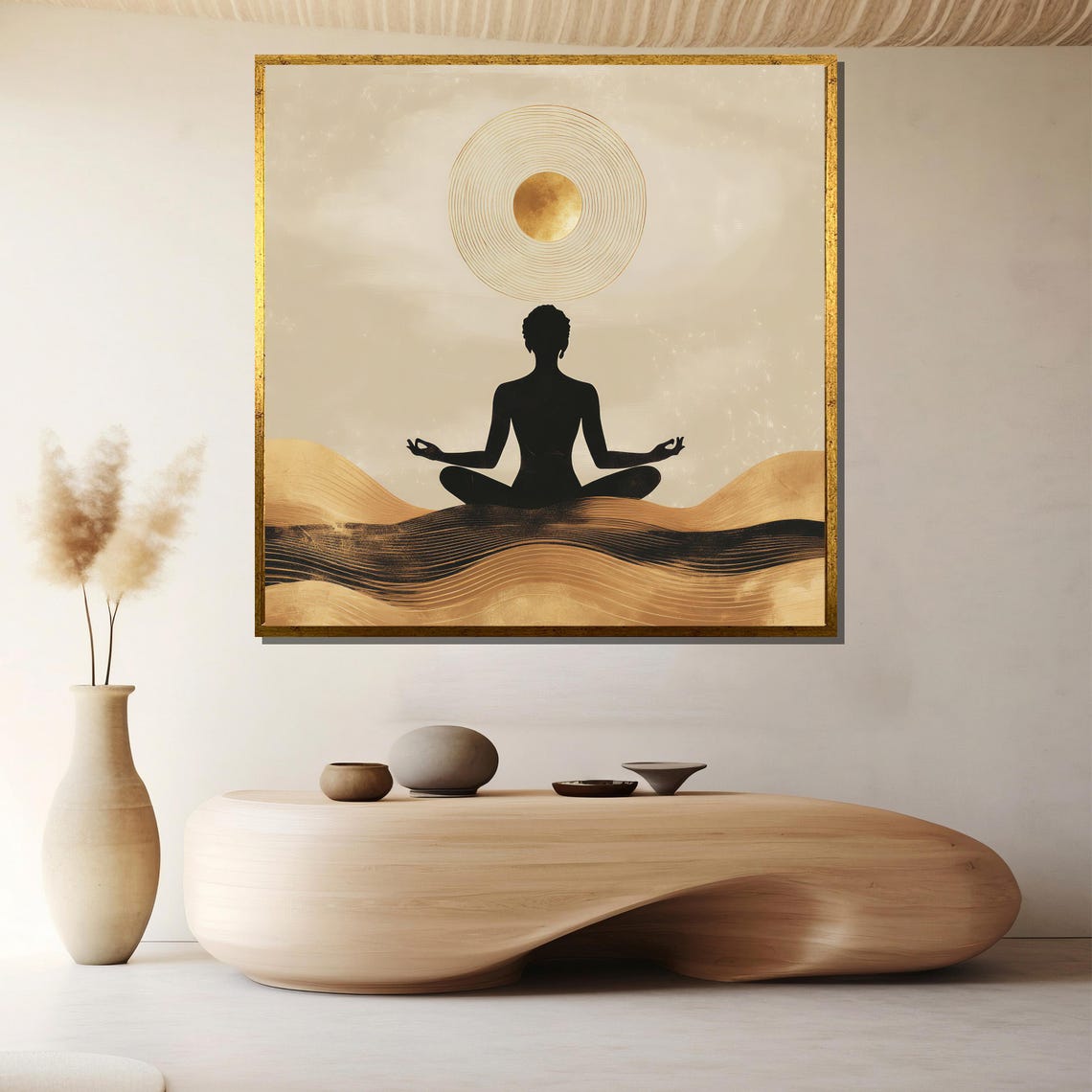 Golden Meditation Silhouette Sun Over Waves Minimalist Wall Poster