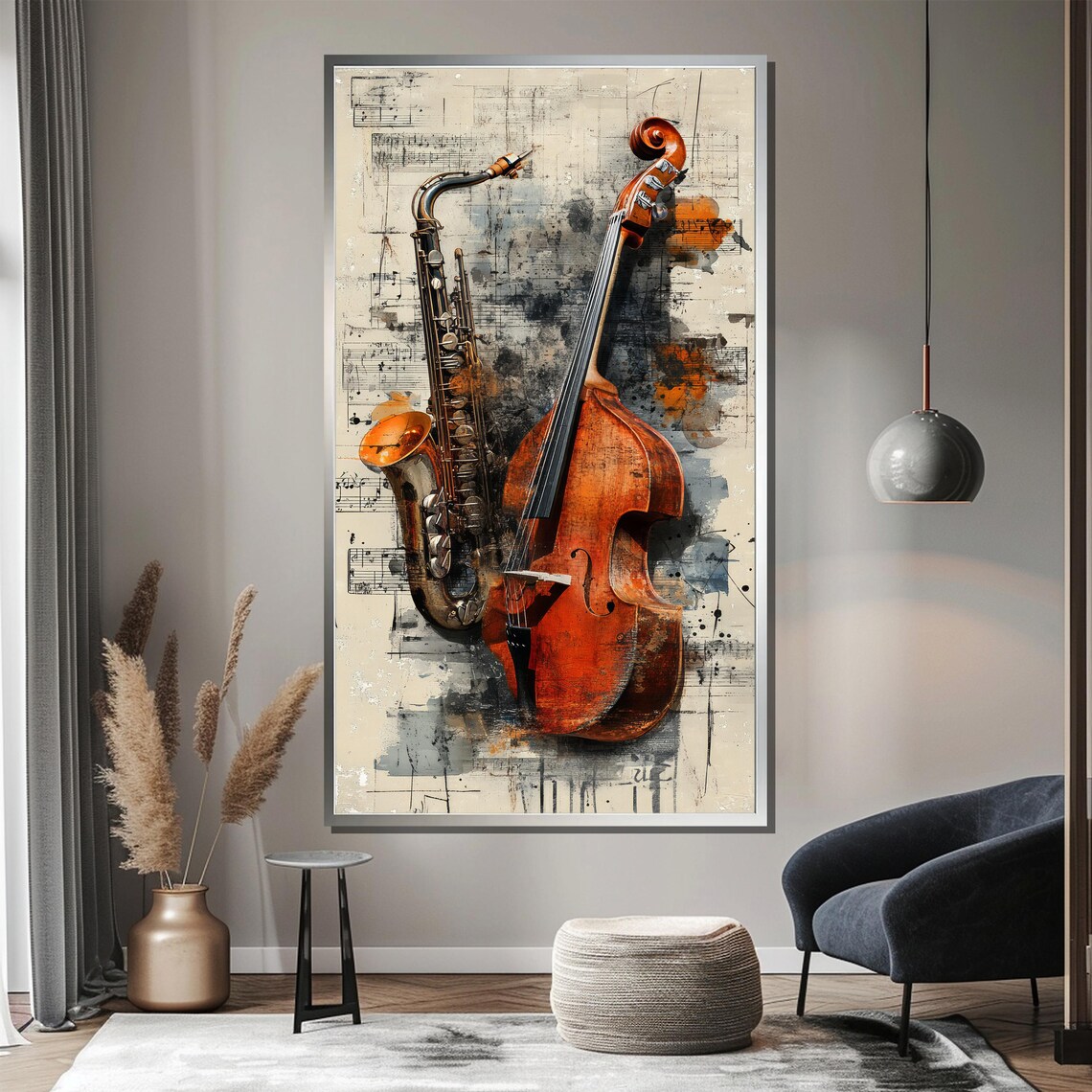 Saxophone and Double Bass in Vintage Sheet Music Style Poster - Image 3
