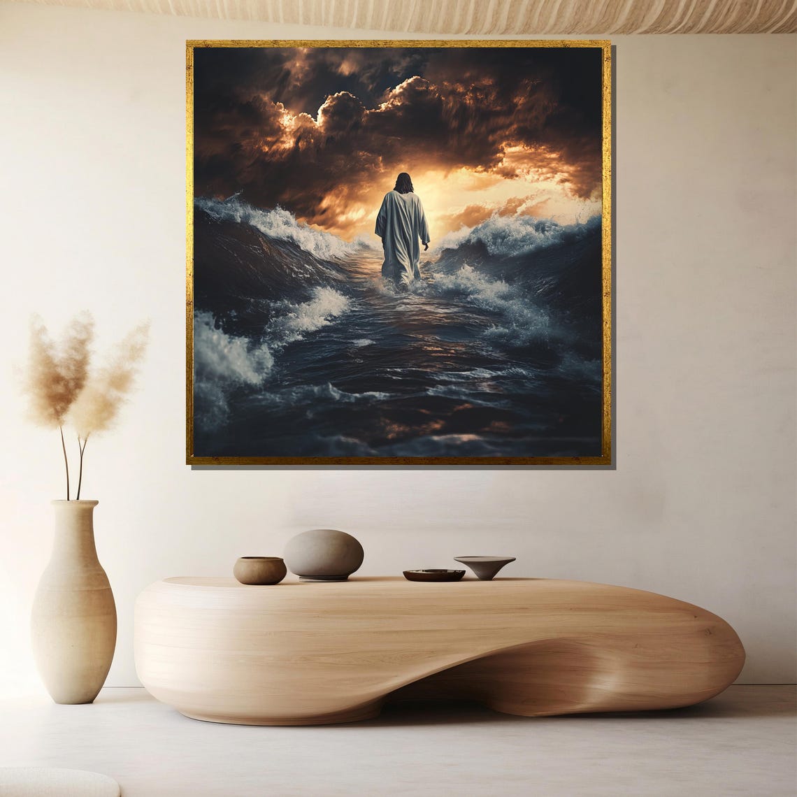 Jesus Walking on Water Stormy Sunset Dramatic Dark Clouds Poster