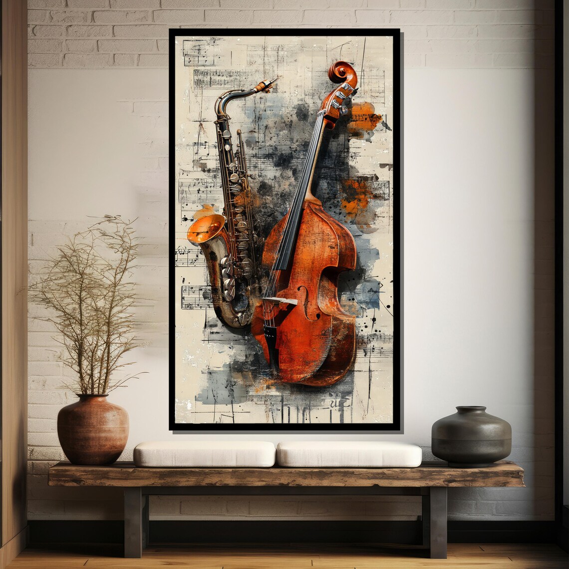 Saxophone and Double Bass in Vintage Sheet Music Style Poster - Image 4