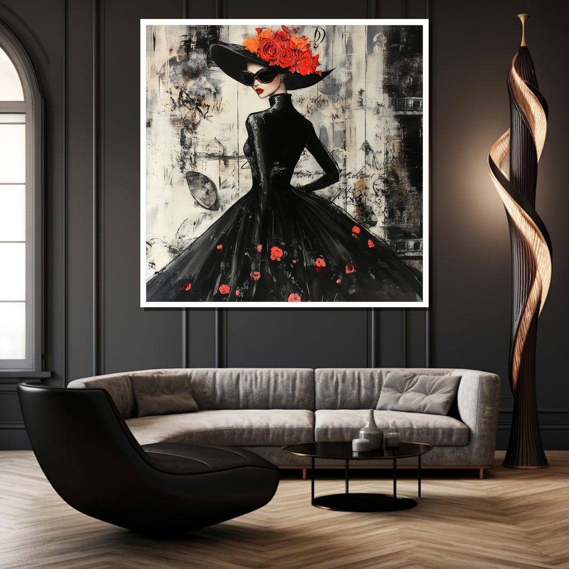 Glamorous Lady In Black Dress With Red Roses And Wide Hat Poster - Image 3
