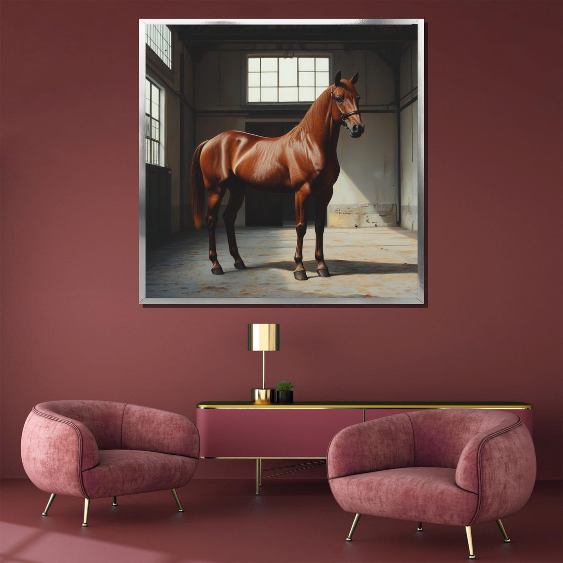 Chestnut Horse in a Sunlit Stable Interior Realistic Equestrian Poster - Image 3
