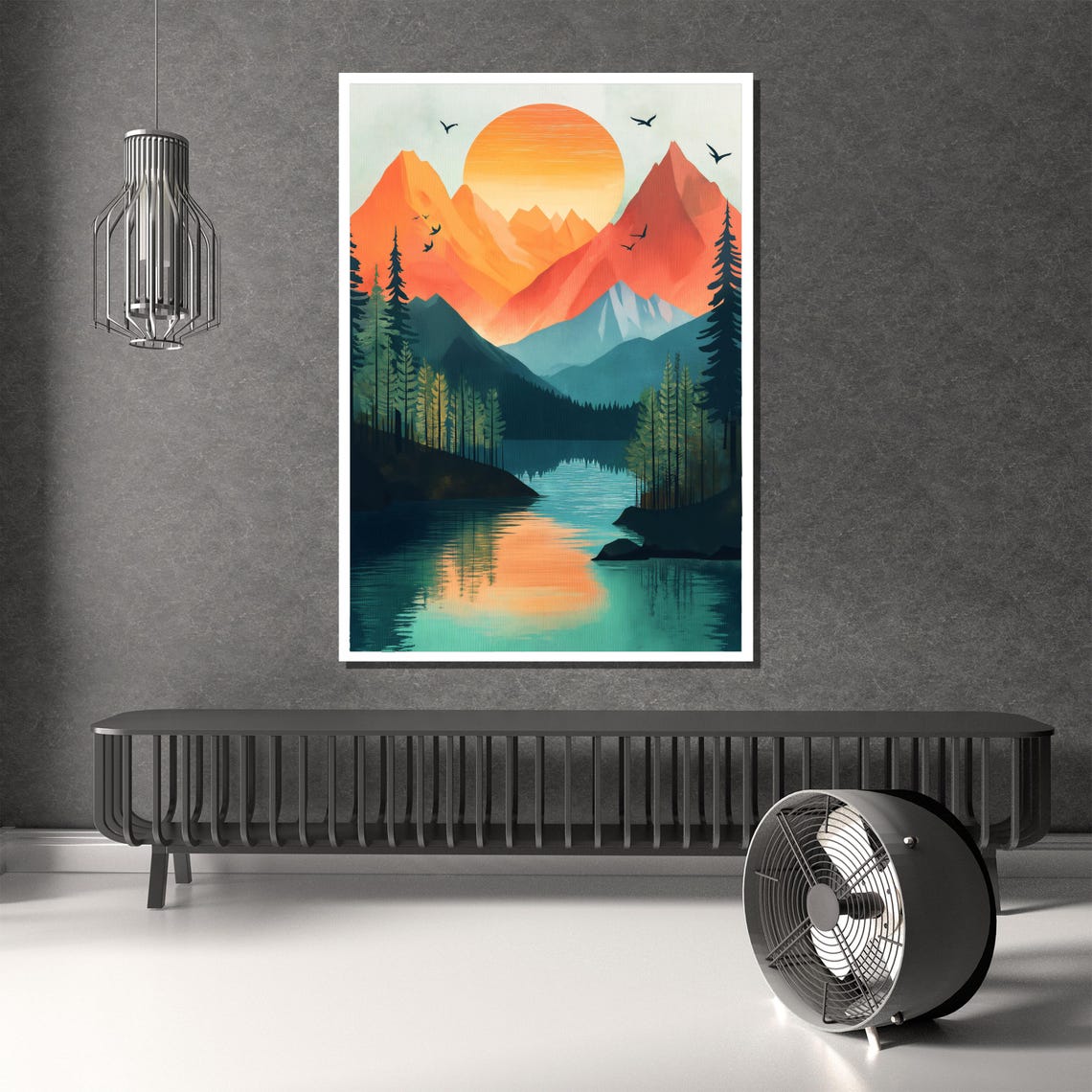 Geometric Mountain Sunset Lake Reflection Adventure Art Poster - Image 2