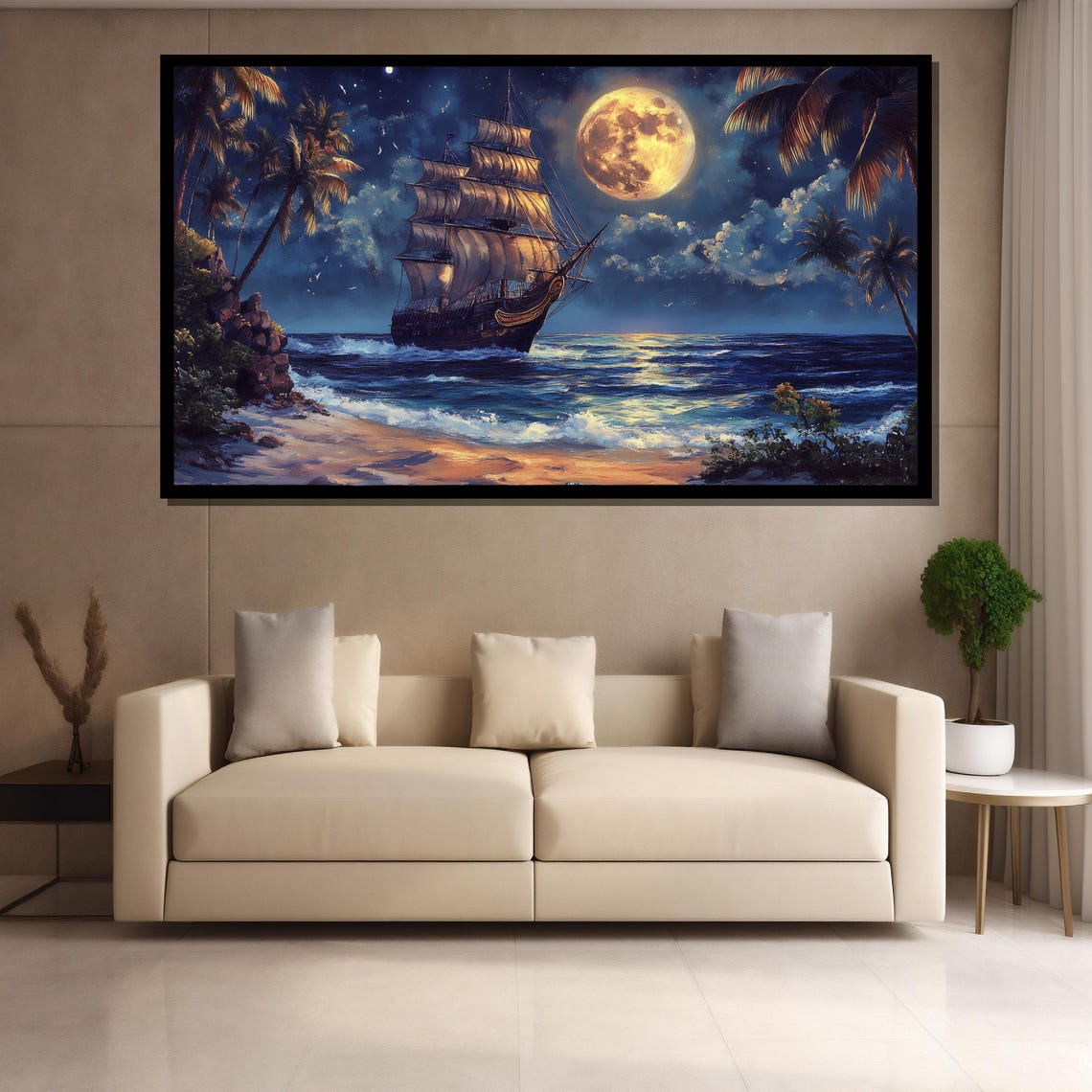 Moonlit Tall Ship Tropical Beach Full Moon Night Seascape Poster - Image 4