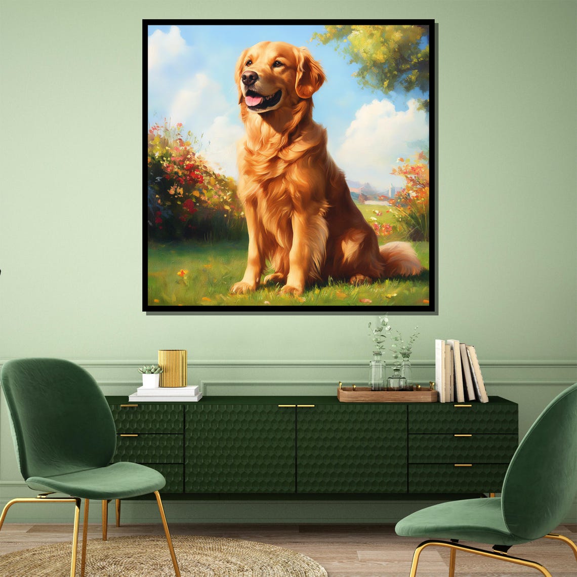 Golden Retriever Sitting In A Sunny Blooming Flower Garden Poster - Image 4