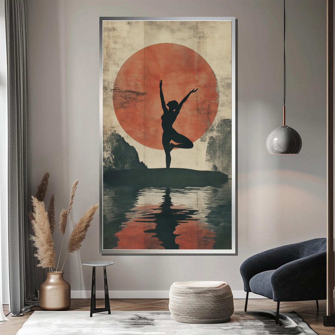 Yoga Tree Pose Silhouette Before a Giant Red Sun Over Water Poster - Image 3