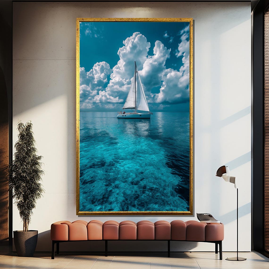 Sailing On Crystal Clear Waters Painting Serene Ocean Wall Art With Vibrant Clouds Nautical Gift For Sea Lovers