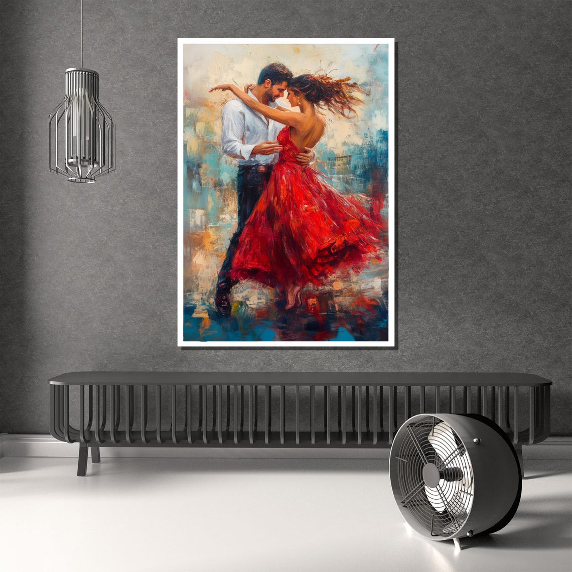 Romantic Couple Dance Red Dress Blue Abstract Painting Wall Poster - Image 2