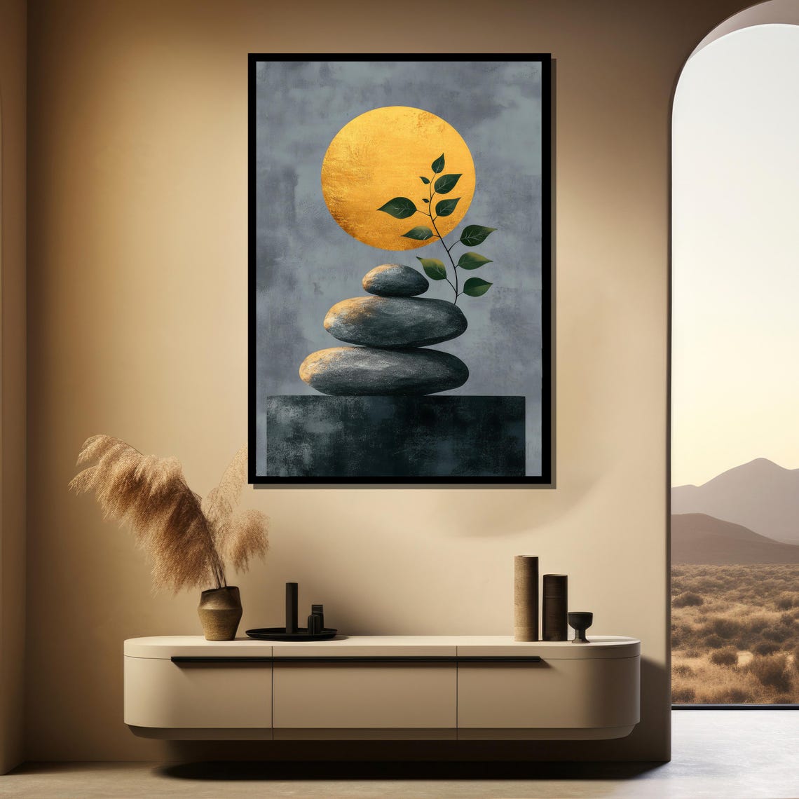Balancing Zen Stones Under a Golden Moon Minimalist Zen Poster - Image 4