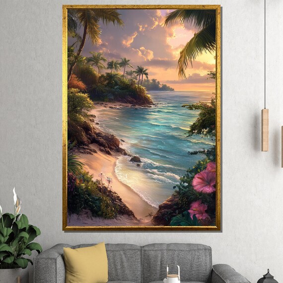 Tropical Beach Sunset Wall Art Ocean View Print Framed Coastal Artwork Large Island Dcor Luxury Gift For Home Or Office