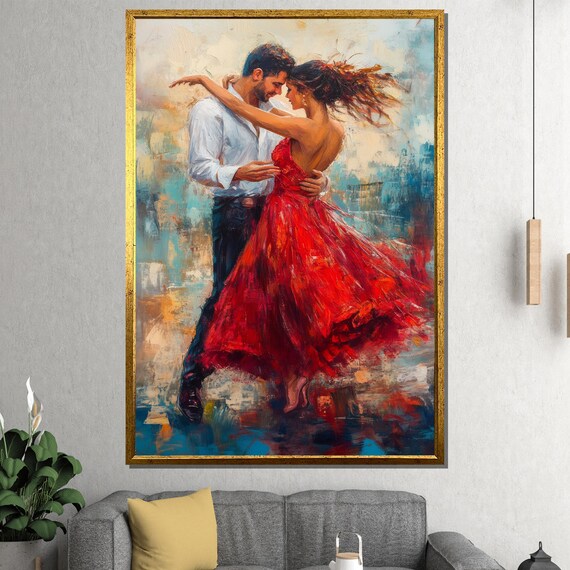 Romantic Couple Dance Red Dress Blue Abstract Painting Wall Poster