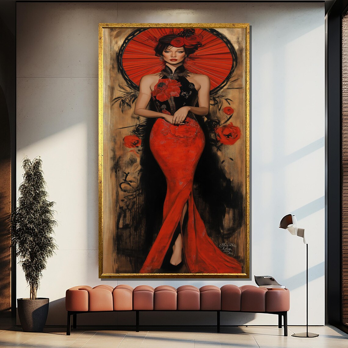 Red Elegance Geisha Inspired Striking Fashion Gown Painting Poster