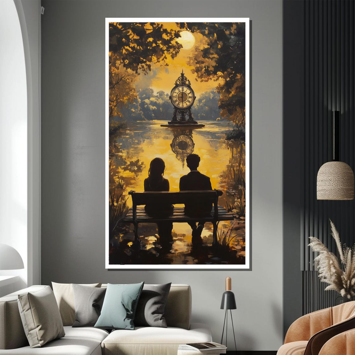 Romantic Couple On Bench Before Clock Moon Lake Dream Art Poster - Image 3