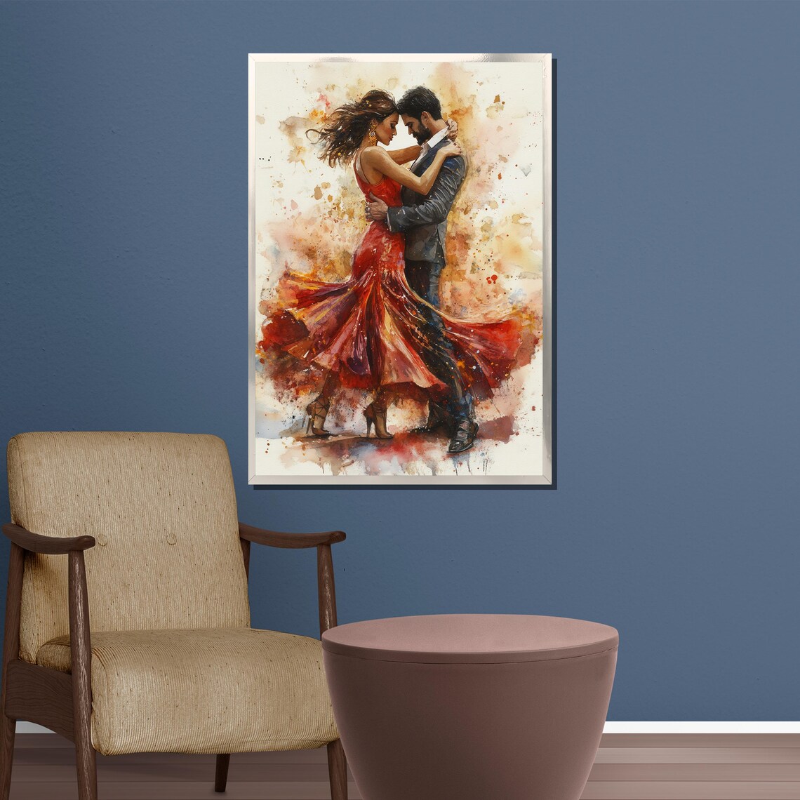 Passionate Couple Dancing in a Red Dress Watercolor Art Poster - Image 3