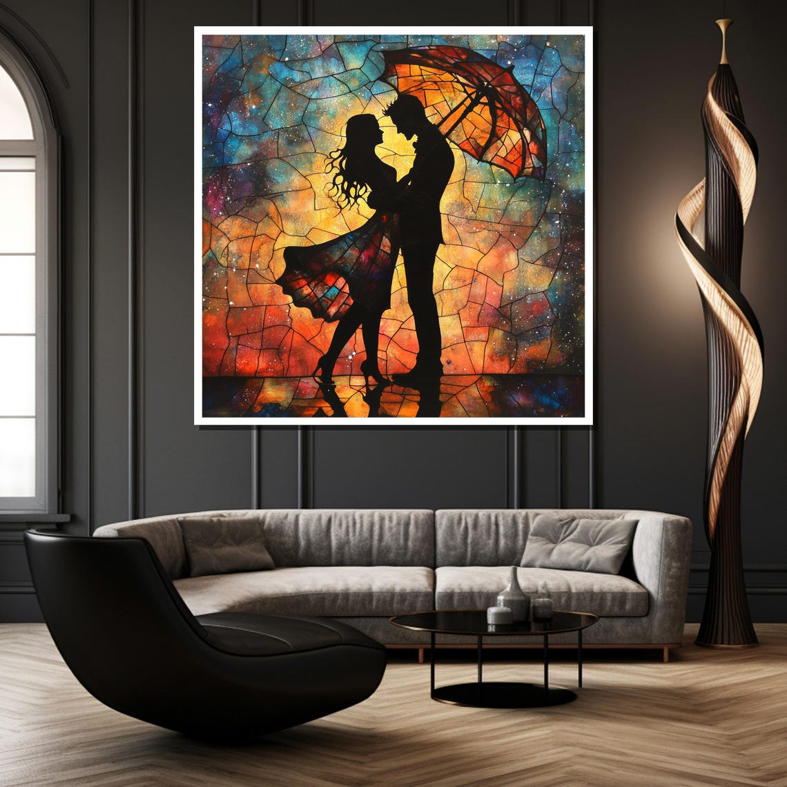 Romantic Lovers Under an Umbrella in Stained Glass Colors Poster - Image 2