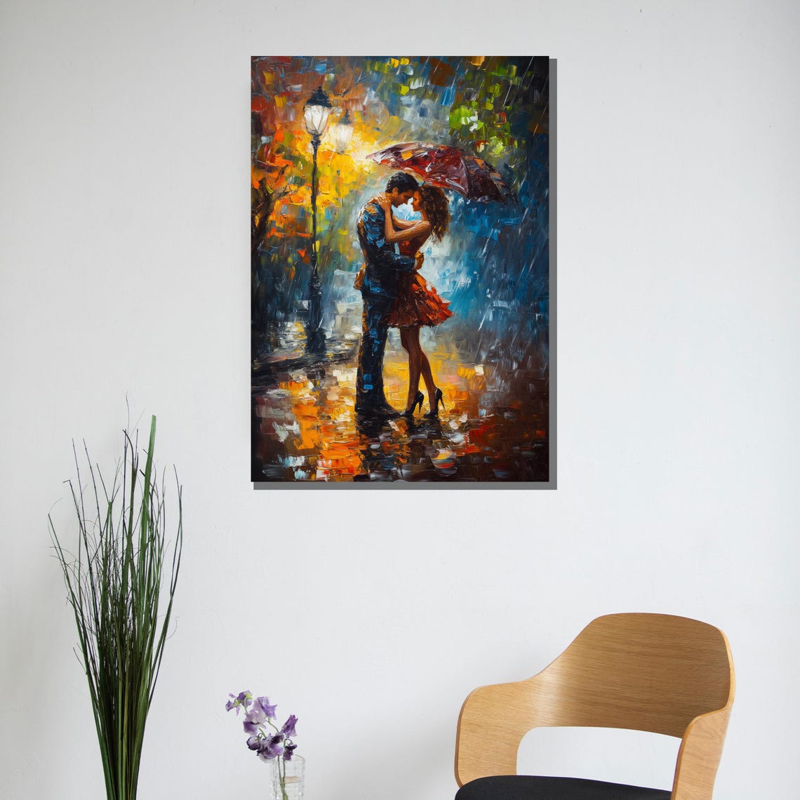 Romantic Couple Under Umbrella Rainy Street Painting Art Poster - Image 2
