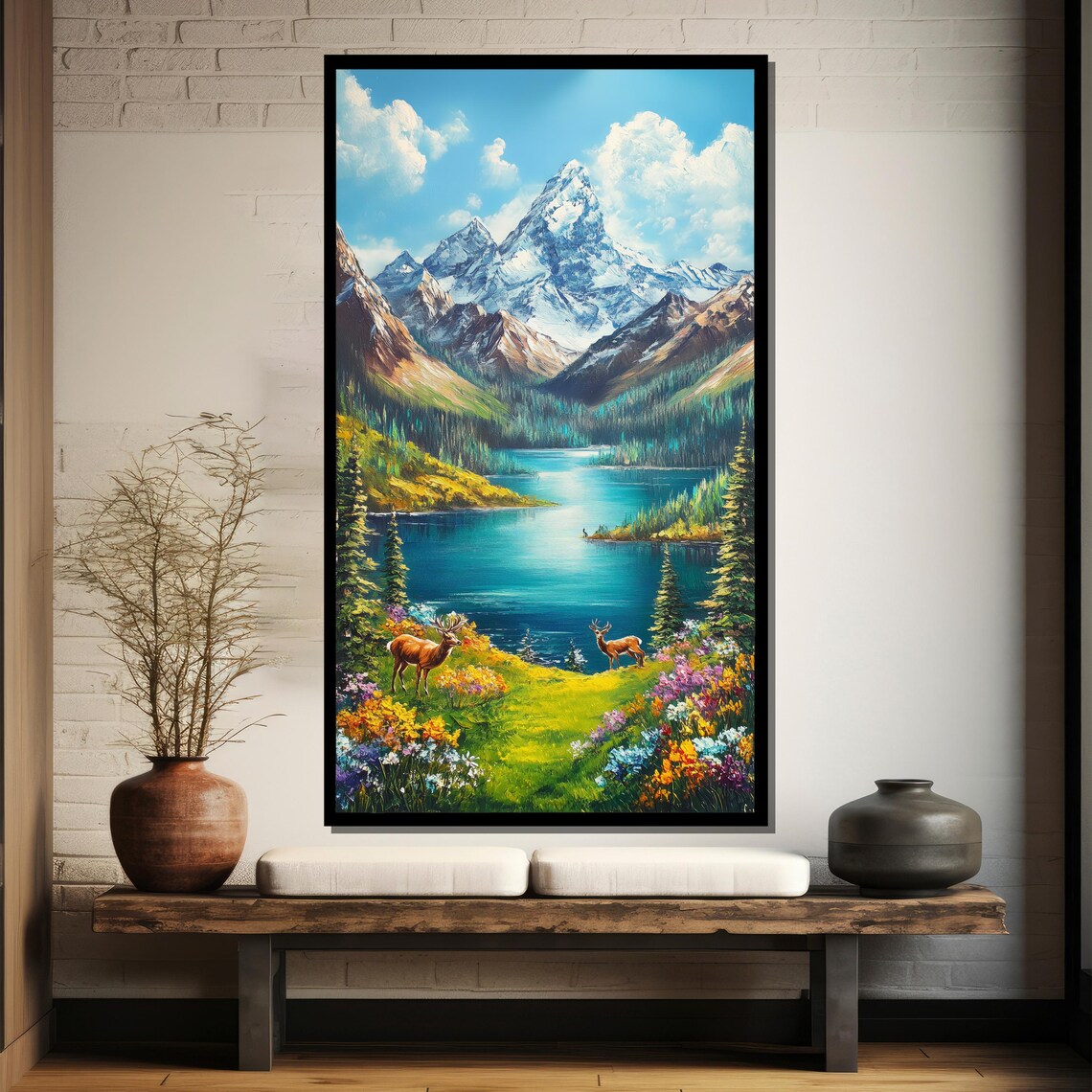 Snowcapped Mountain Lake Deer and Wildflower Meadow Scenic Poster - Image 4