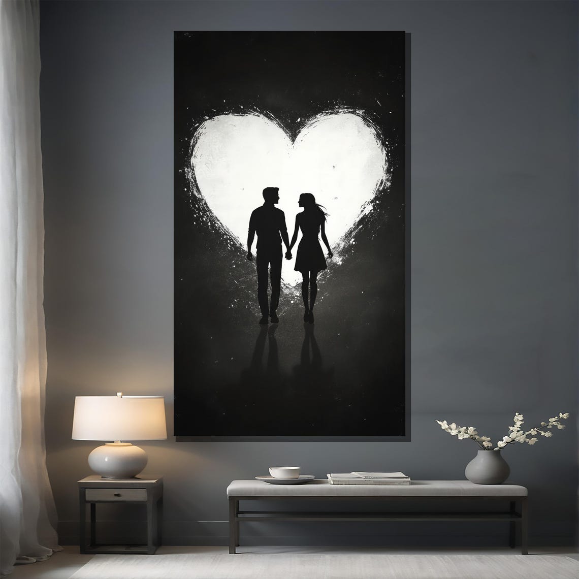 Minimalist Silhouette Couple Walking Before Giant Heart Poster - Image 2