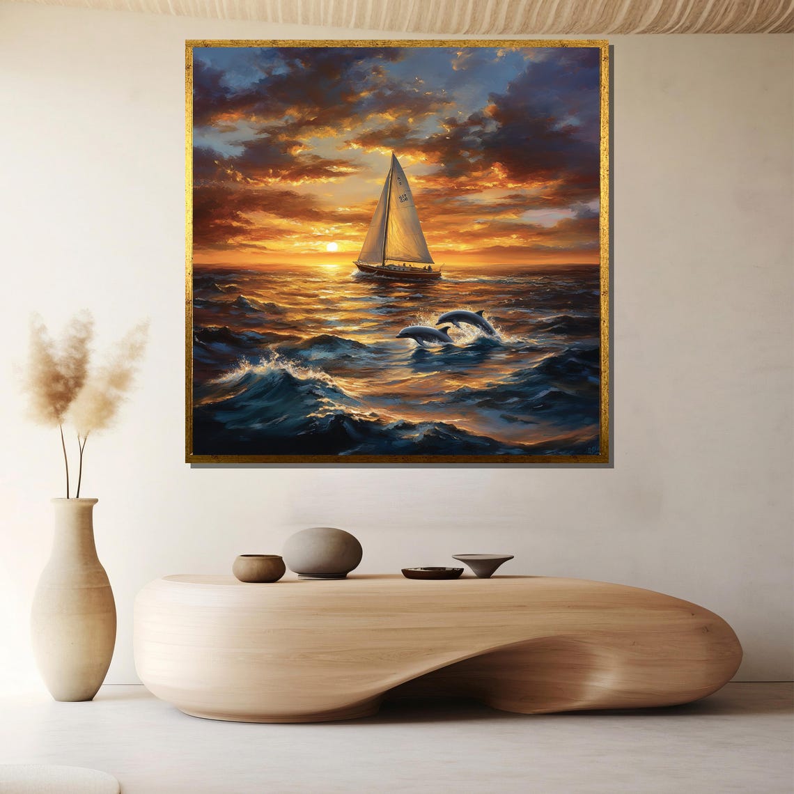 Golden Sailing Sunset With Dolphins Leaping Ocean Waves Poster