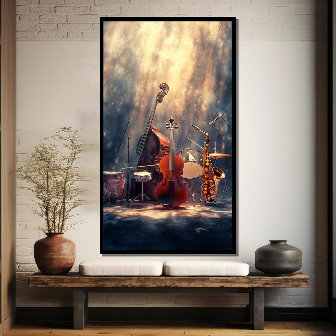 Classic Jazz Instruments Arranged on a Smoky Stage Spotlight Poster - Image 4