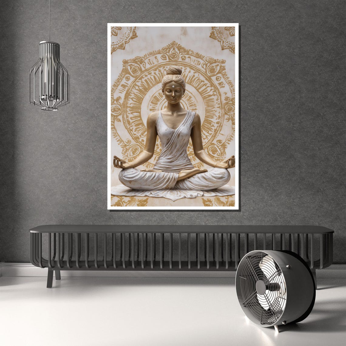 Golden Meditating Goddess Statue With Mandala Spiritual Poster - Image 2