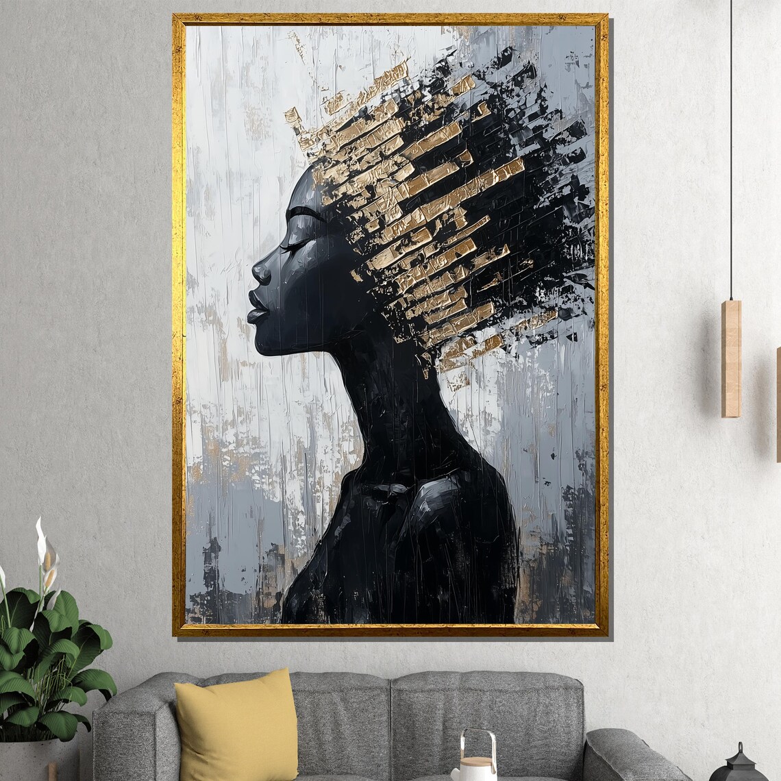 Black Profile Woman With Textured Gold Leaf Hair Modern Art Poster