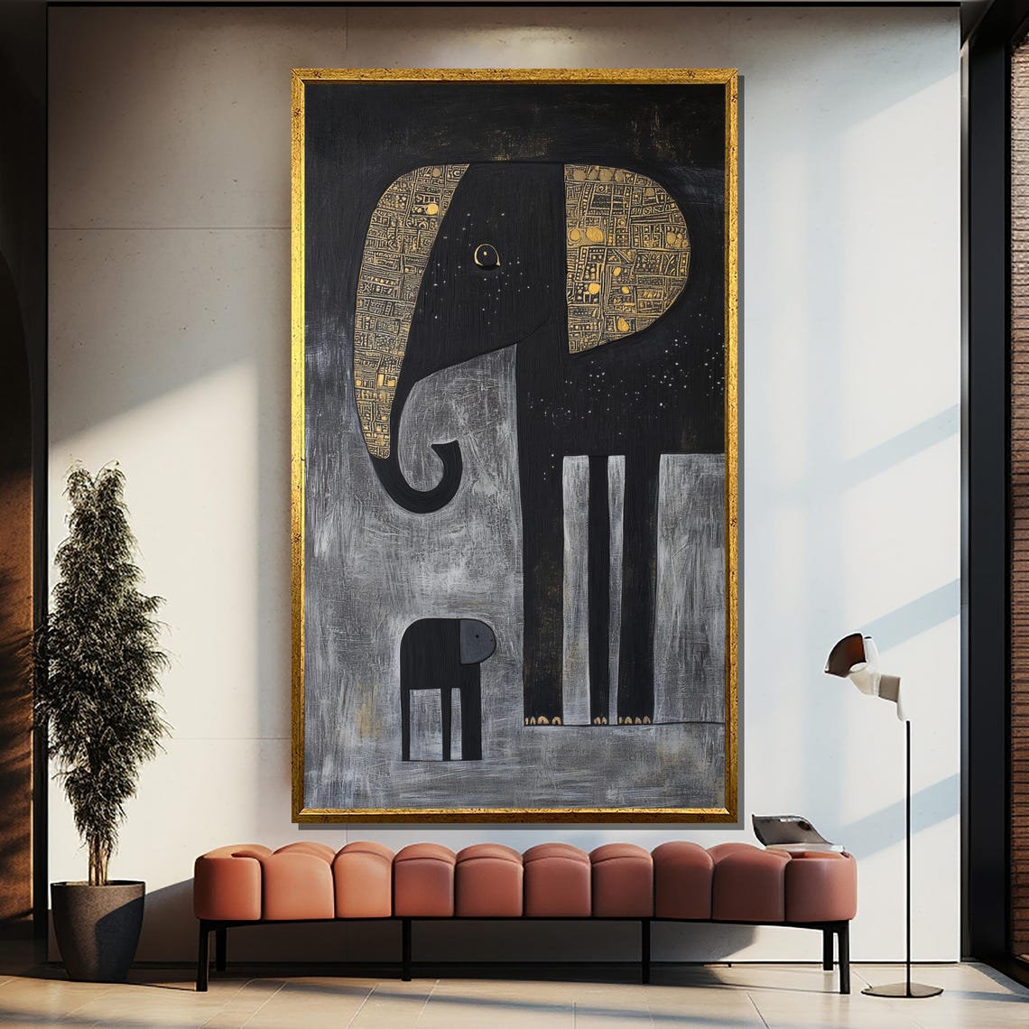 Minimalist Elephant Mother and Calf in Black and Gold Poster