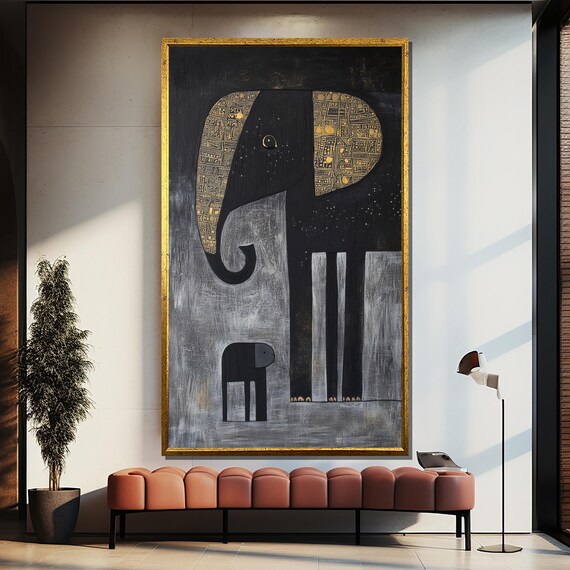 Minimalist Elephant Mother and Calf in Black and Gold Poster