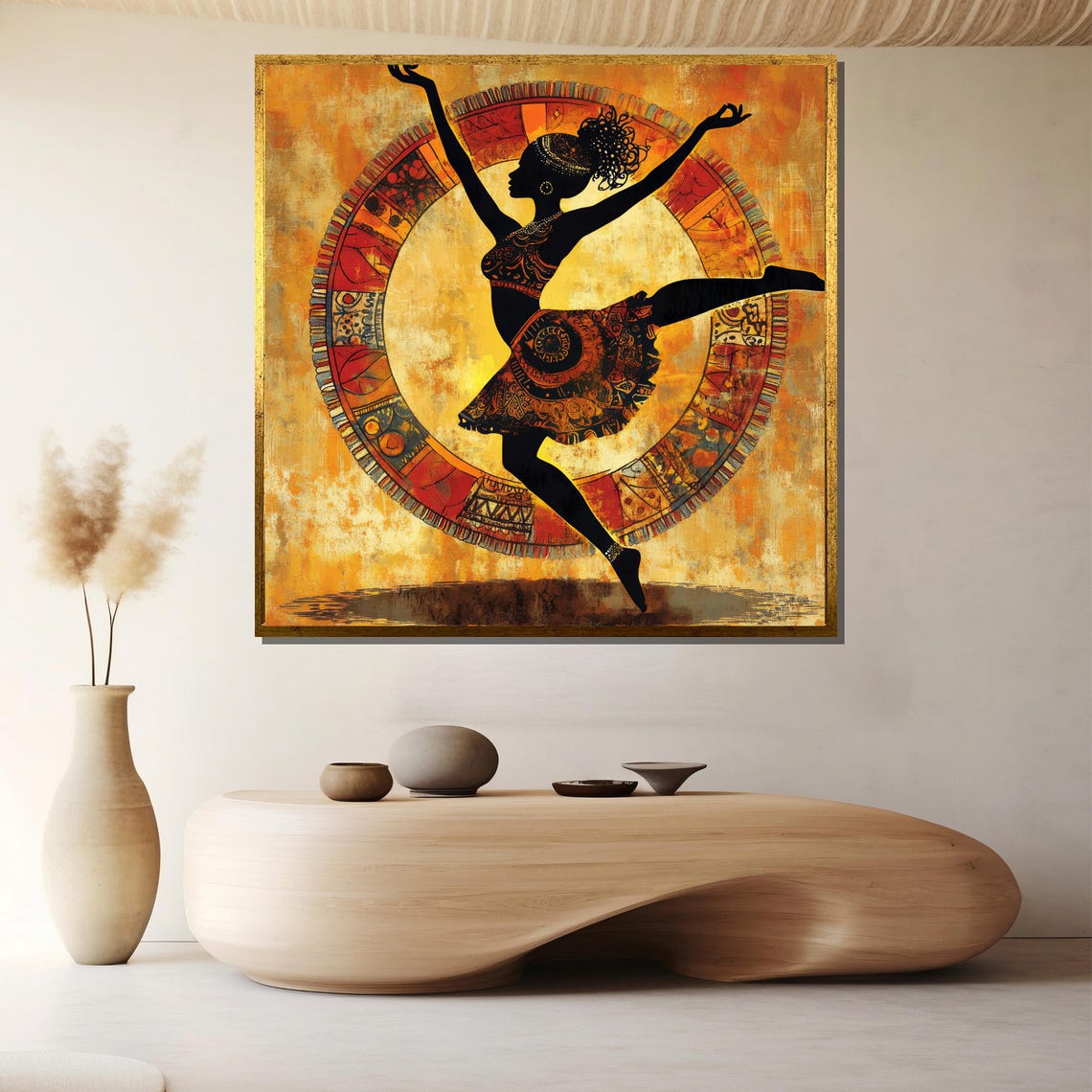 African Dancer Silhouette With Tribal Sun Circle Painting Poster