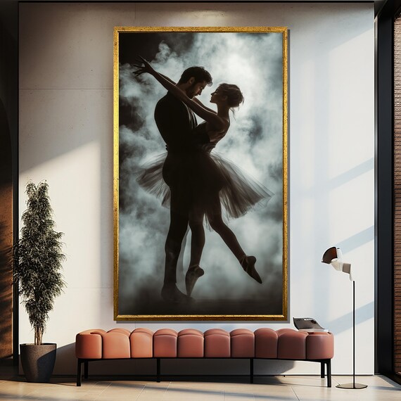 Moonlit Ballet Couple Silhouette in a Dramatic Embrace Poster