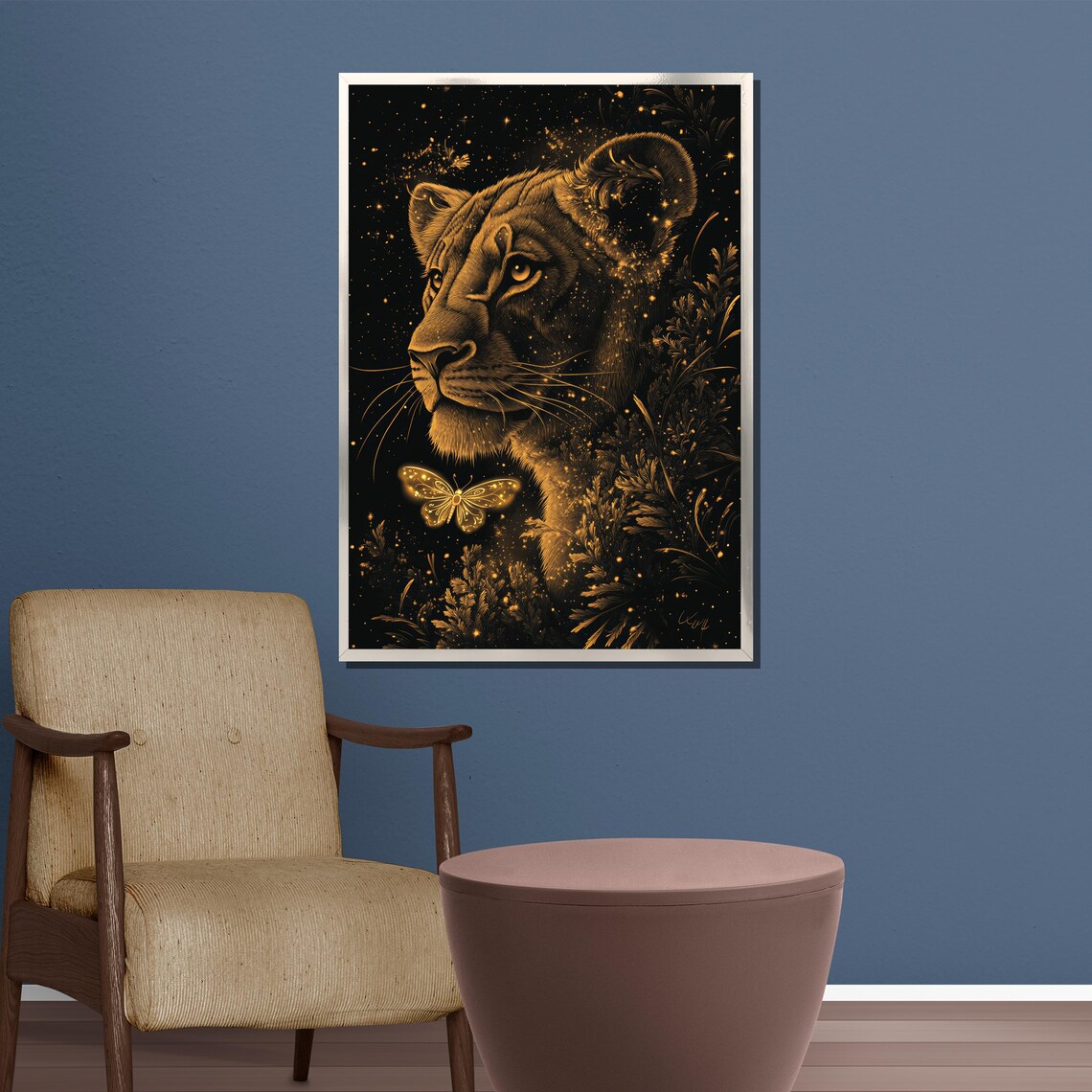 Golden Lioness Portrait with a Glowing Butterfly Elegant Wildlife Poster - Image 3