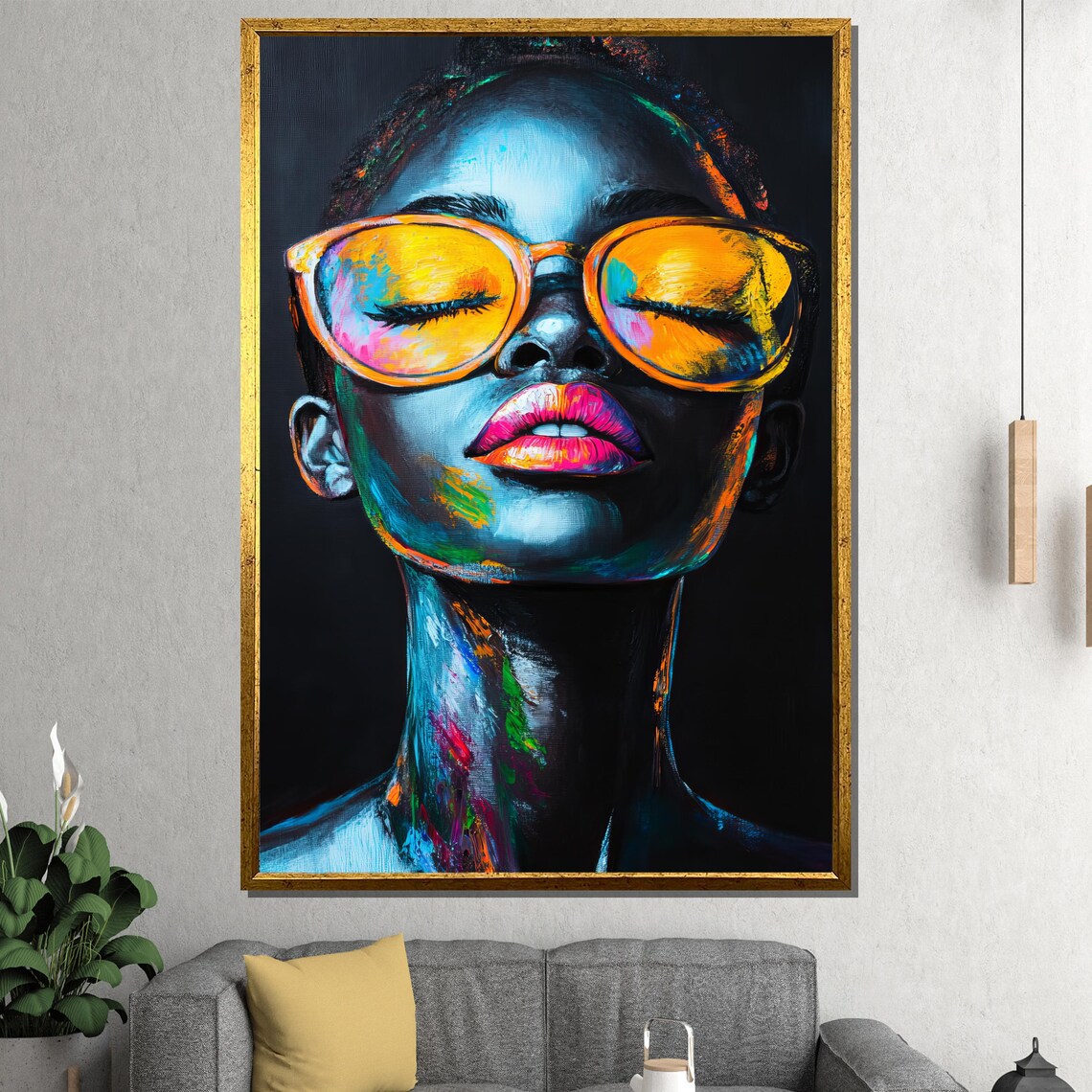 Neon Portrait of Woman Wearing Golden Sunglasses Bold Pop Art Poster