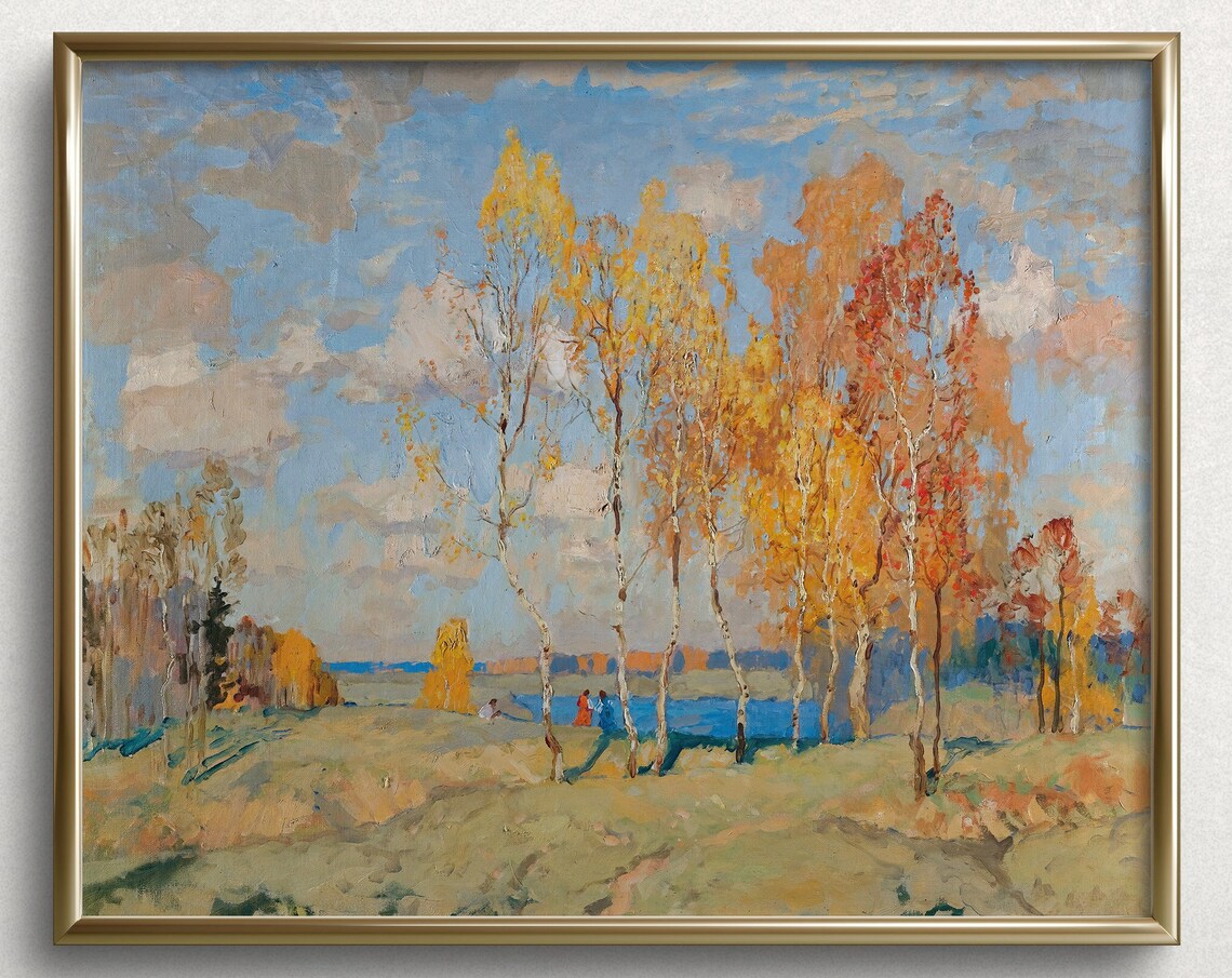 Golden Autumn Birch Trees Blue Lake Colorful Fall Landscape Art Poster