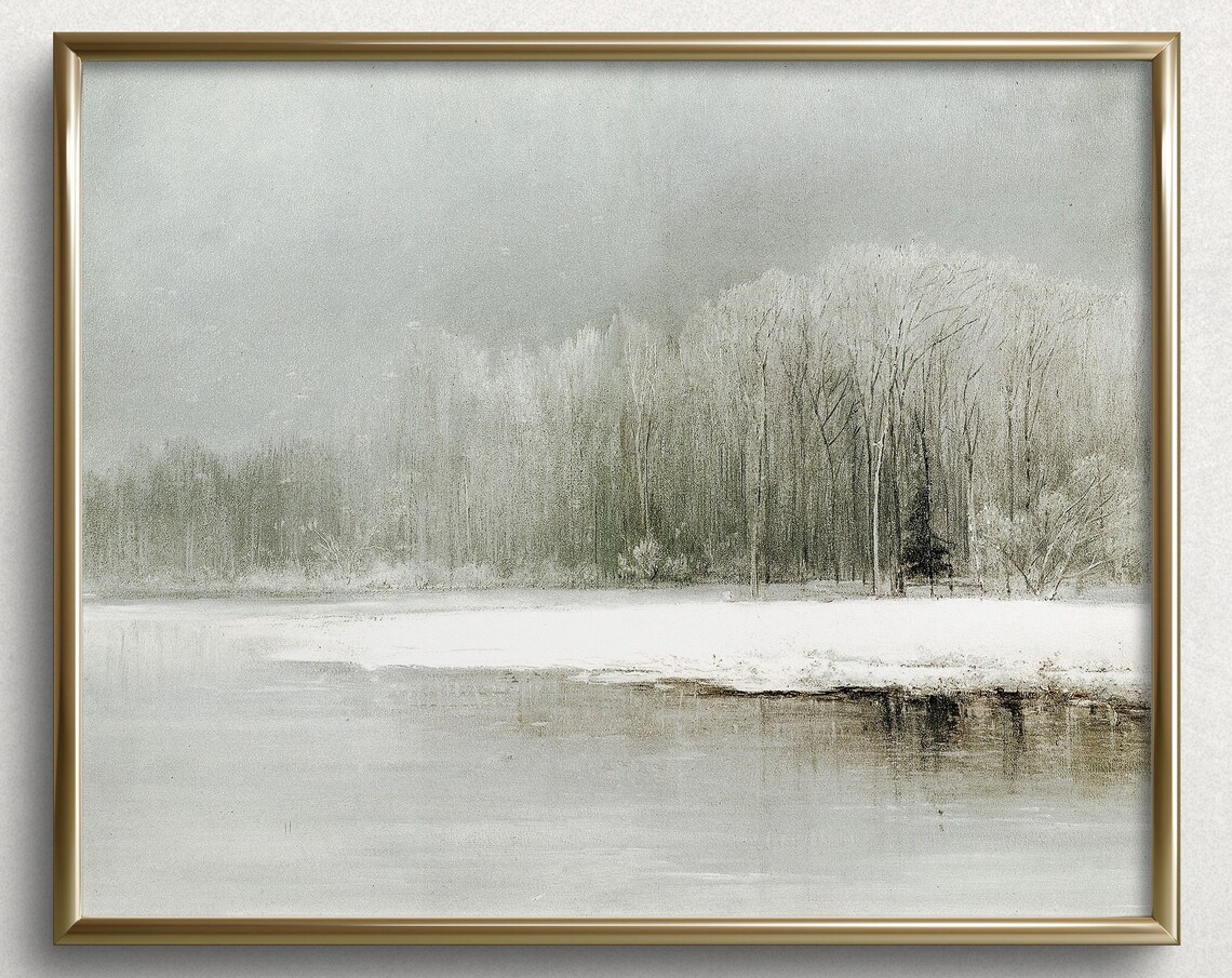 Winter Waterside Vintage Landscape Scene Art Print