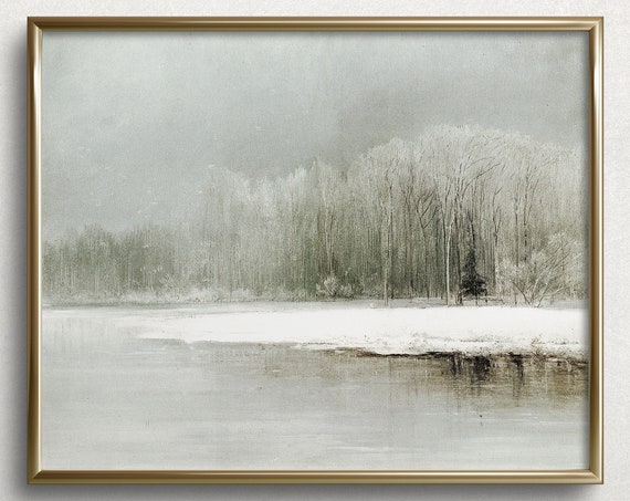 Winter Waterside Vintage Landscape Scene Art Print