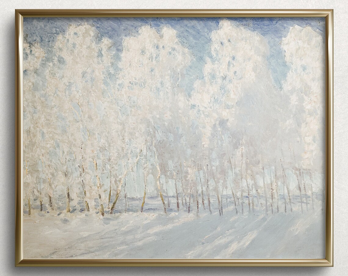 White Winter Birch Forest Snow Blue Sky Frosty Woodland Art Poster