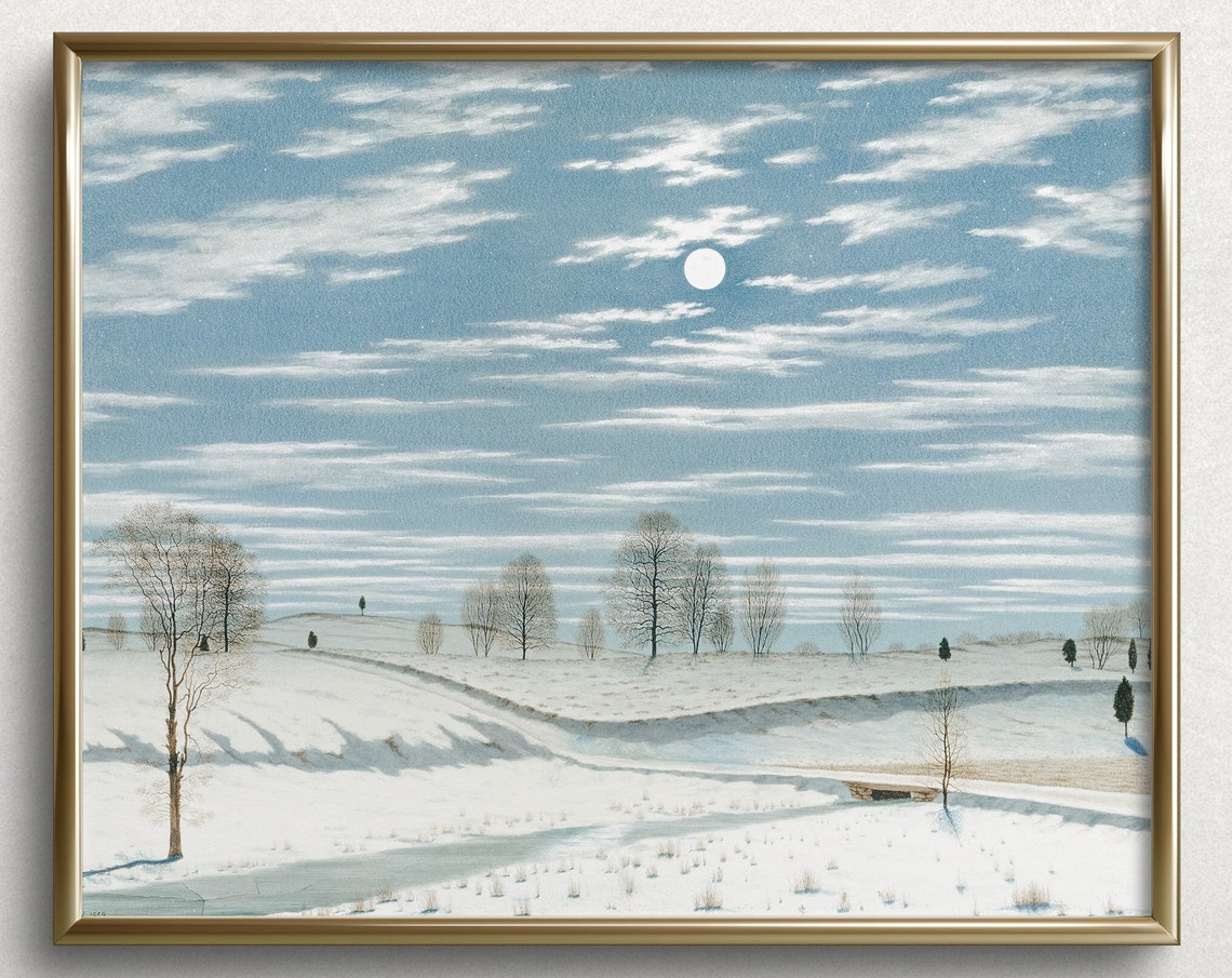 Blue Winter Moon Sky Snowy Hills Bare Trees Vintage Landscape Poster