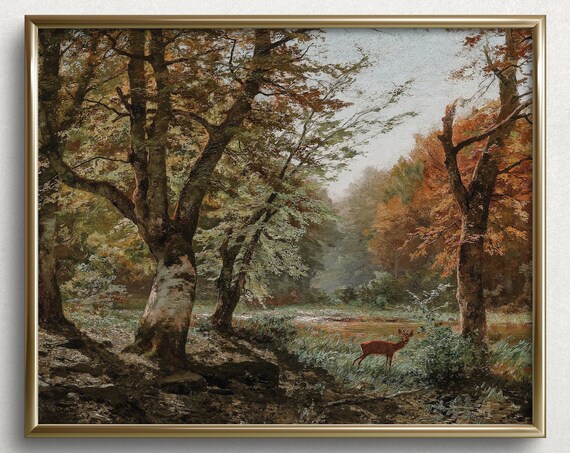Deer In Forest Trees I Autumn Wall Art Moody Autumn Painting Fall Art Prints Autumn Painting Fall Painting L77